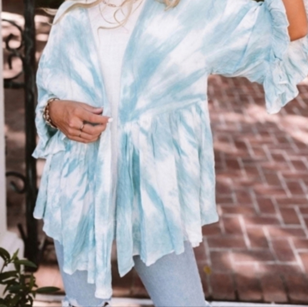 Light Blue Tie-Dye Boho Peplum Kimono Cardigan